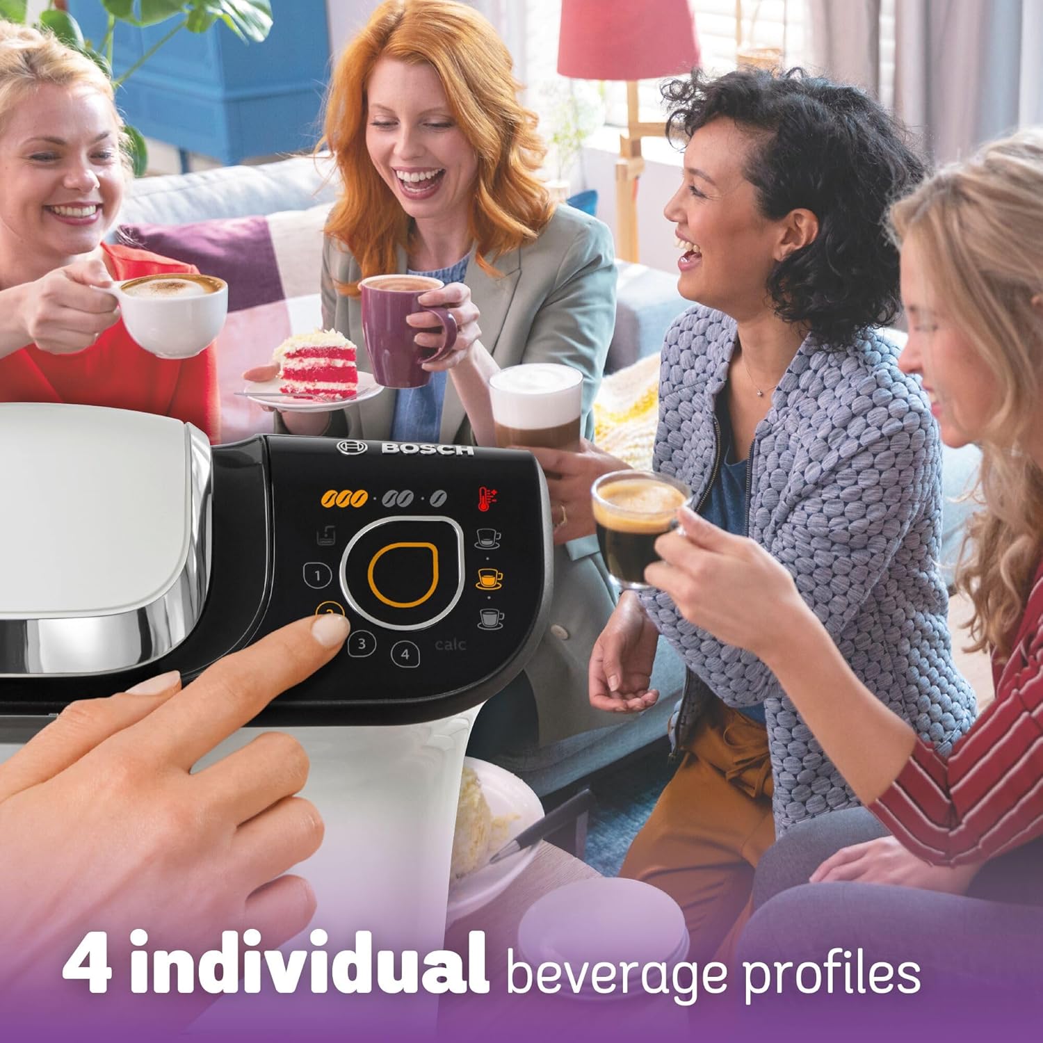 Bosch coffee machine with people enjoying beverages in a cozy living room setting