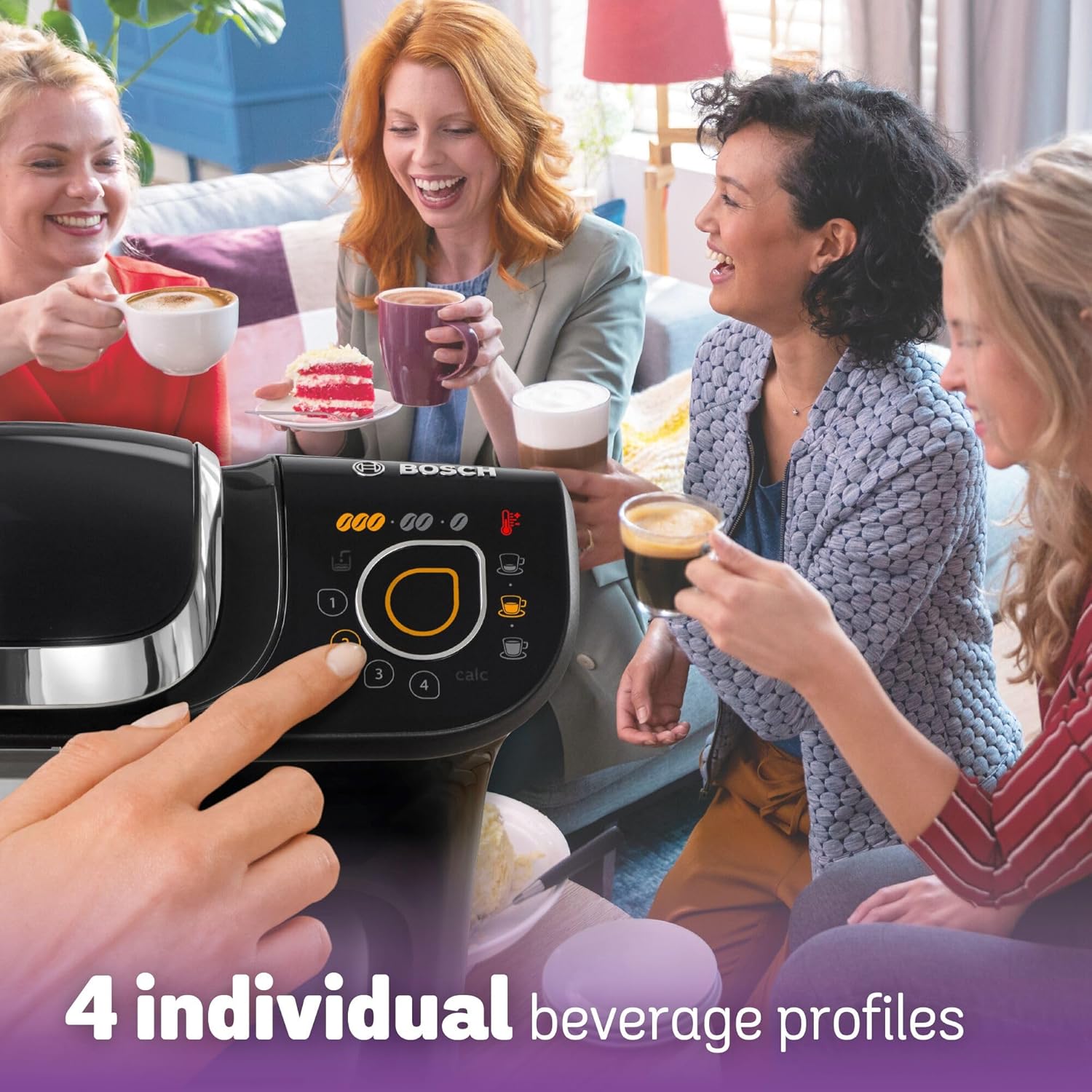 Bosch coffee machine with people enjoying coffee in a cozy living room setting