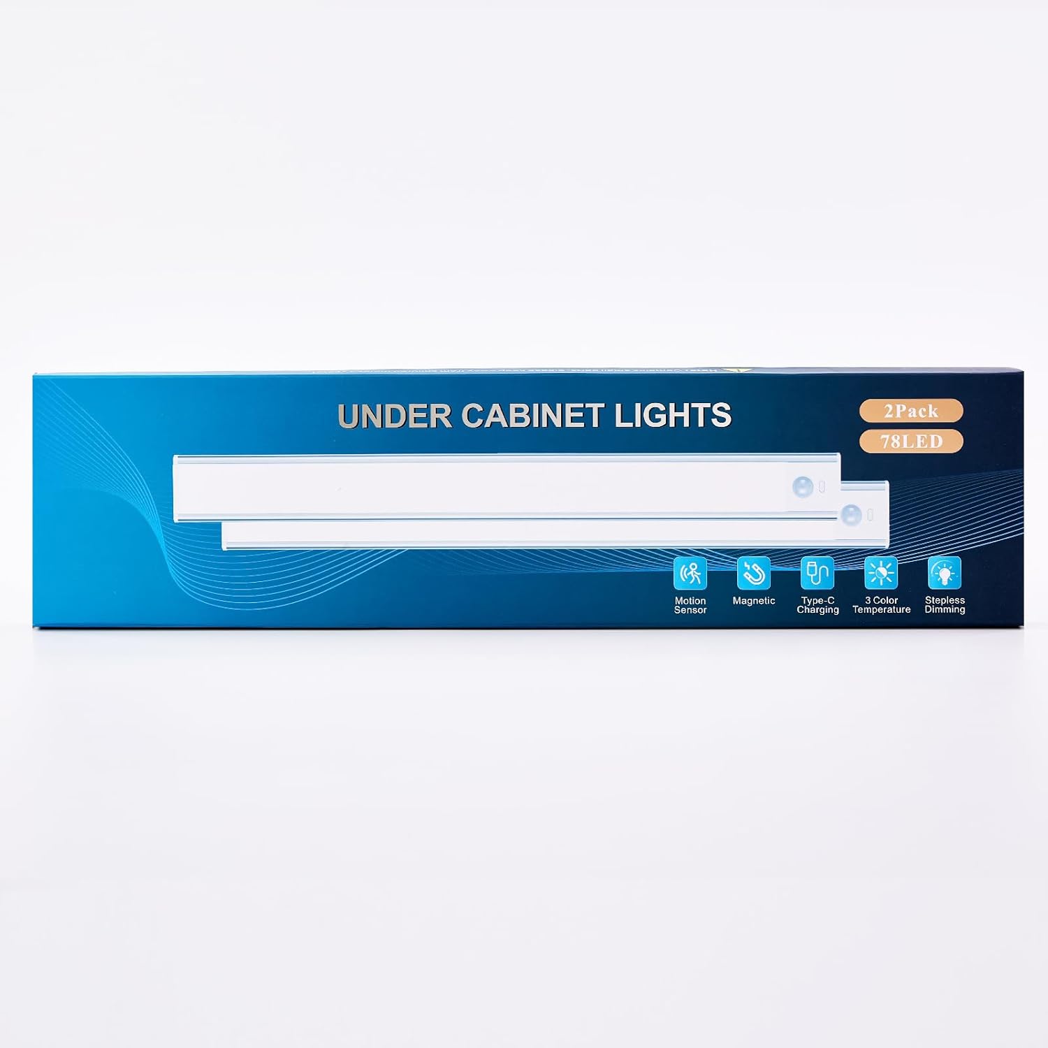 Box of under cabinet lights with blue design on a white background