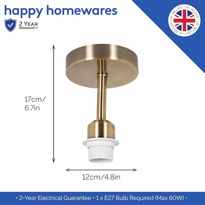 Brass ceiling fitting with dimensions and 'happy homewares' branding.