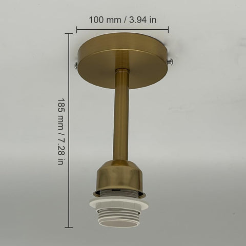 Brass ceiling light fixture with measurements on a gray background