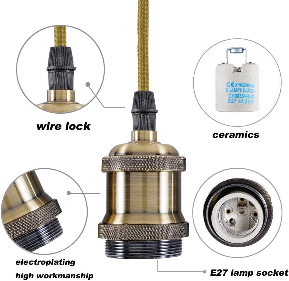 Brass lamp holder with close-up details labeled 'wire lock', 'ceramics', 'electroplating', and 'E27 lamp socket'.
