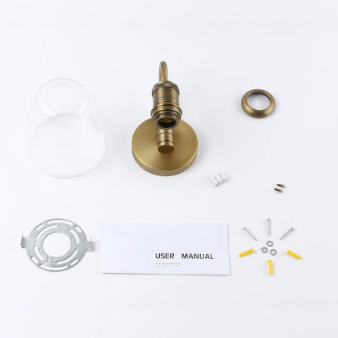 Brass wall-mounted fixture with components and user manual on a white background