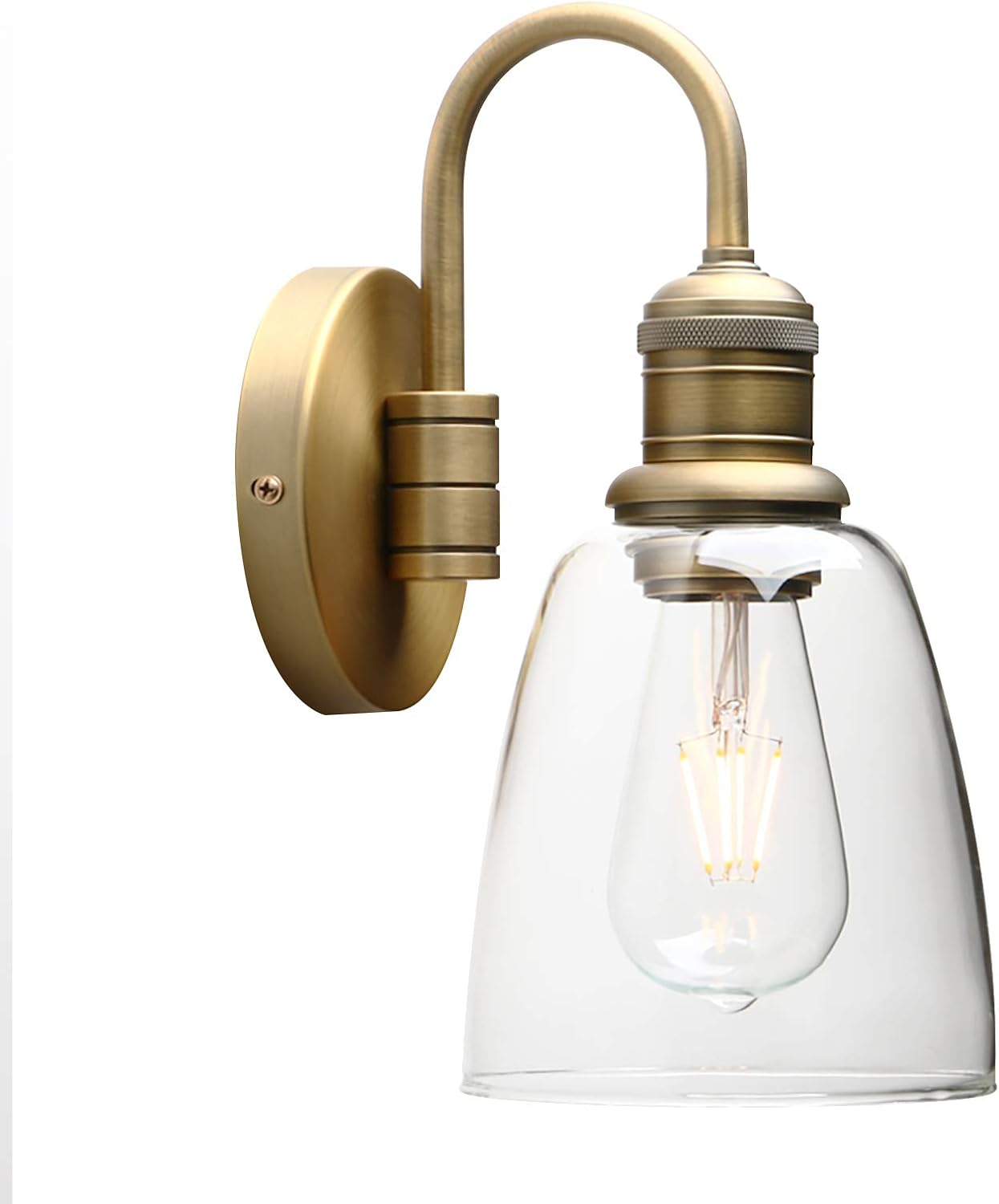 Brass wall-mounted light fixture with clear glass shade on a white background