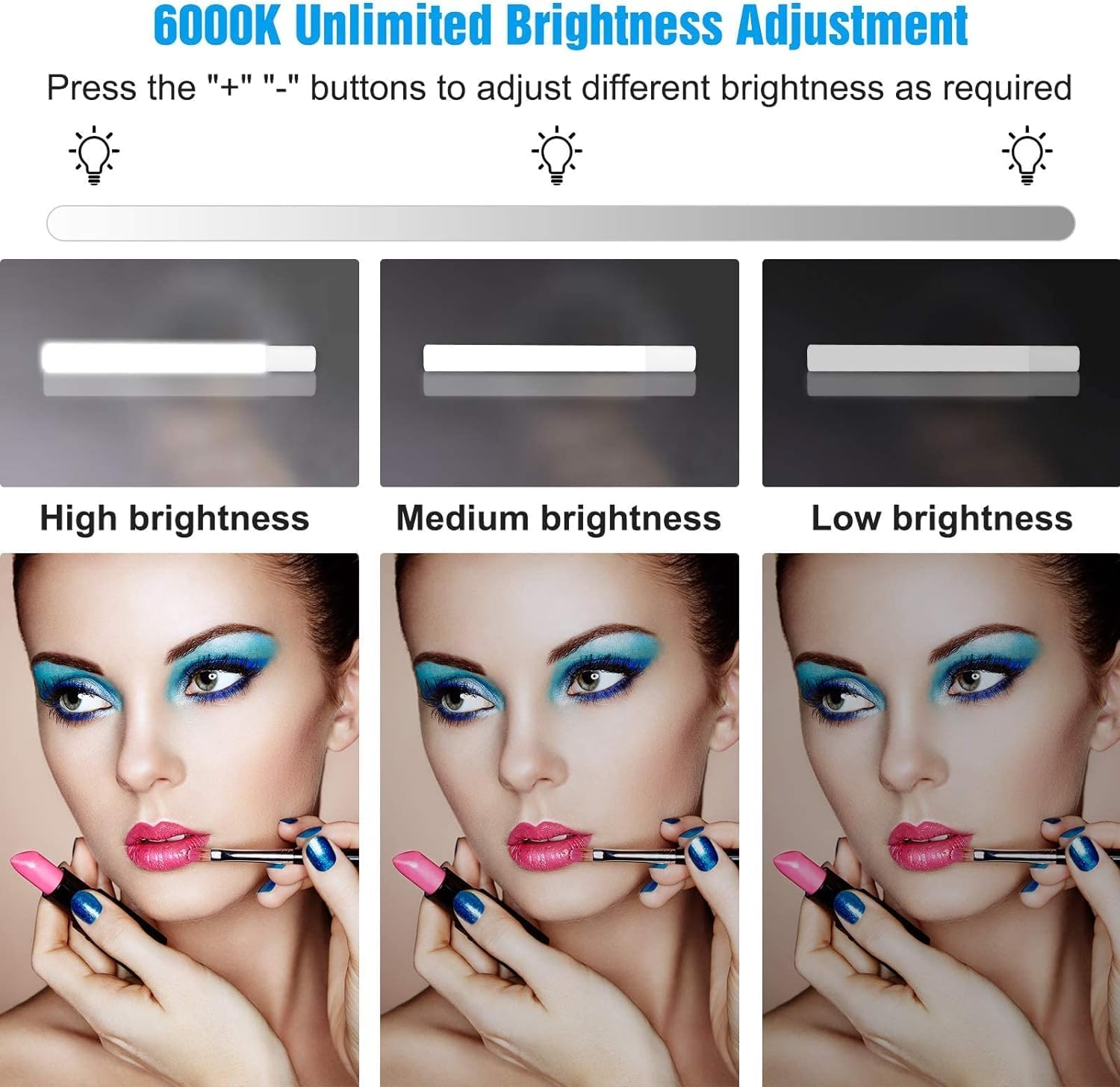 Brightness adjustment interface with three levels: high, medium, and low, shown on a woman applying makeup.
