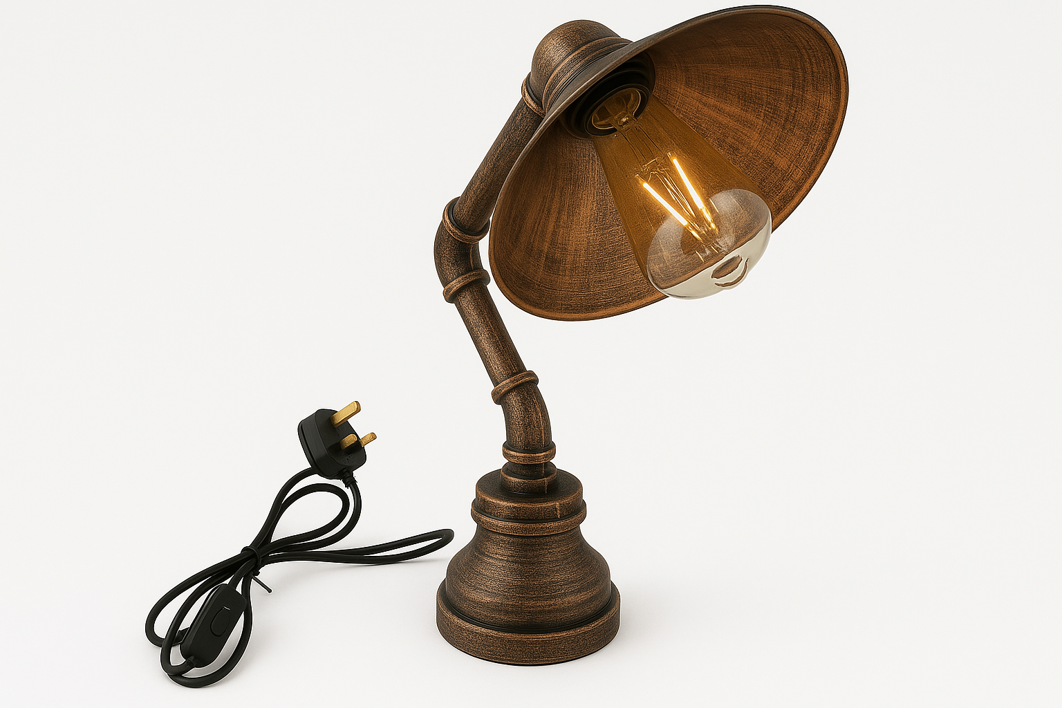 Bronze desk lamp with adjustable arm on a white background