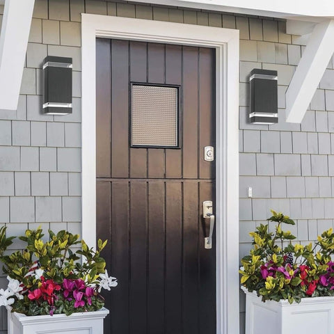 Brown door with glass panel on a gray tiled wall with flower pots.