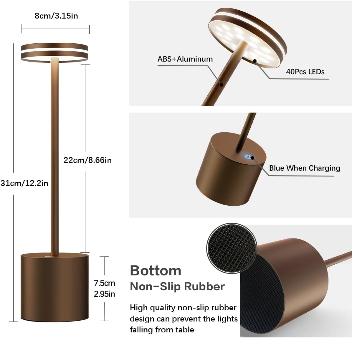 Brown floor lamp with dimensions and features labeled on a white background