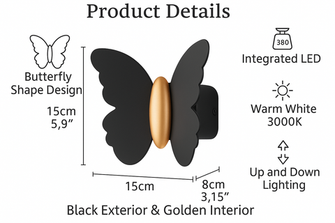 Butterfly-shaped light fixture with black exterior and golden interior, featuring product details on a white background.