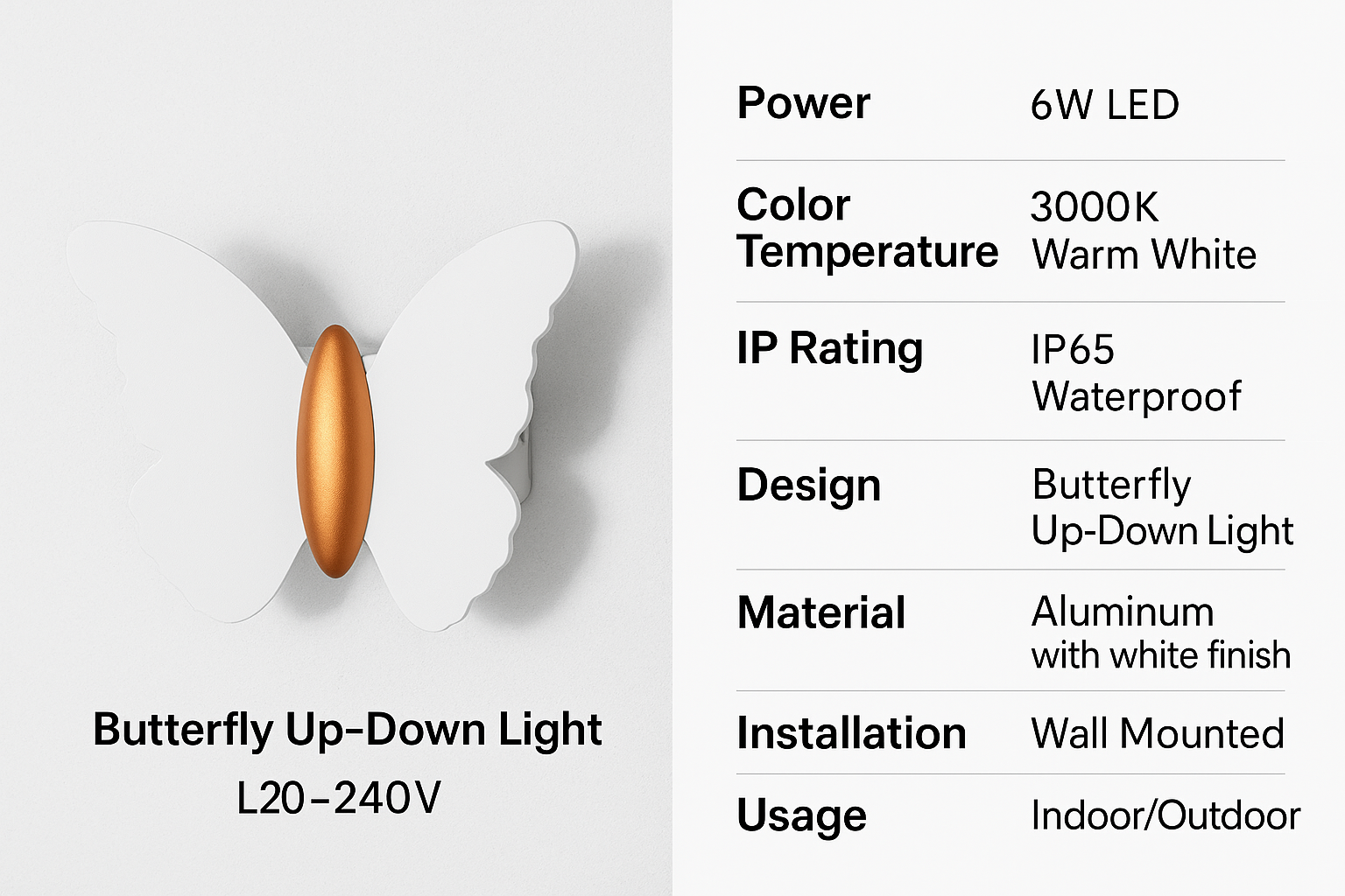 Butterfly-shaped light fixture with technical specifications on a white background