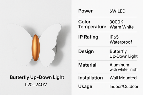 Butterfly-shaped light fixture with technical specifications on a white background