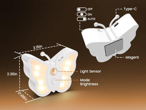 Butterfly-shaped light with features labeled on a brown background