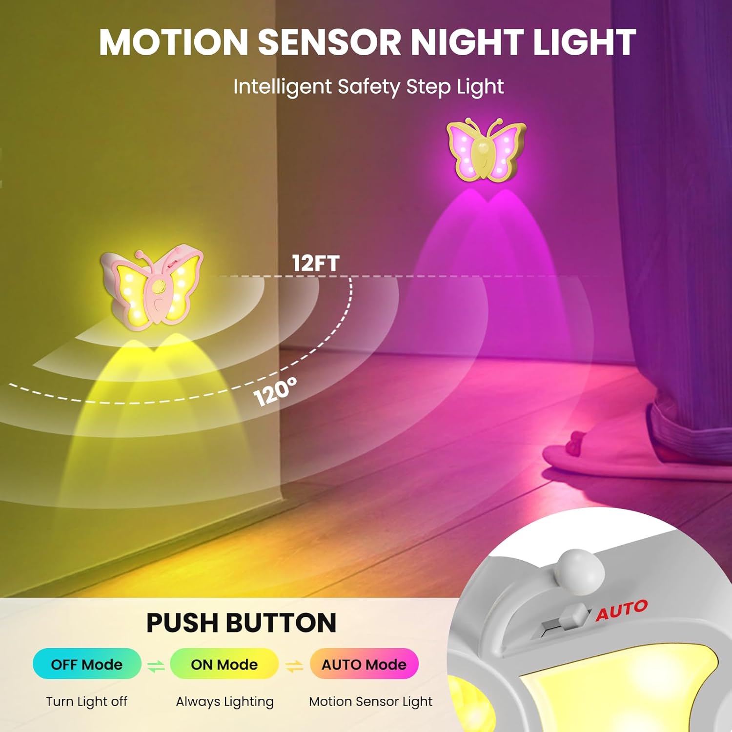Butterfly-shaped motion sensor night light with push button control on a colorful background