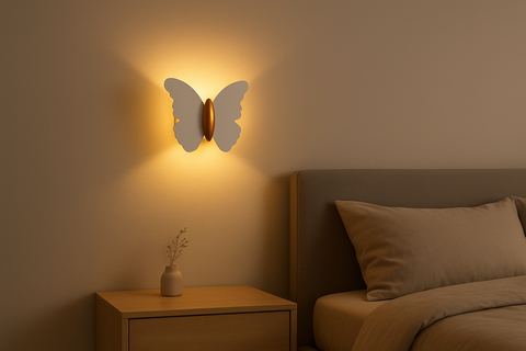 Butterfly-shaped wall light fixture in a bedroom setting.