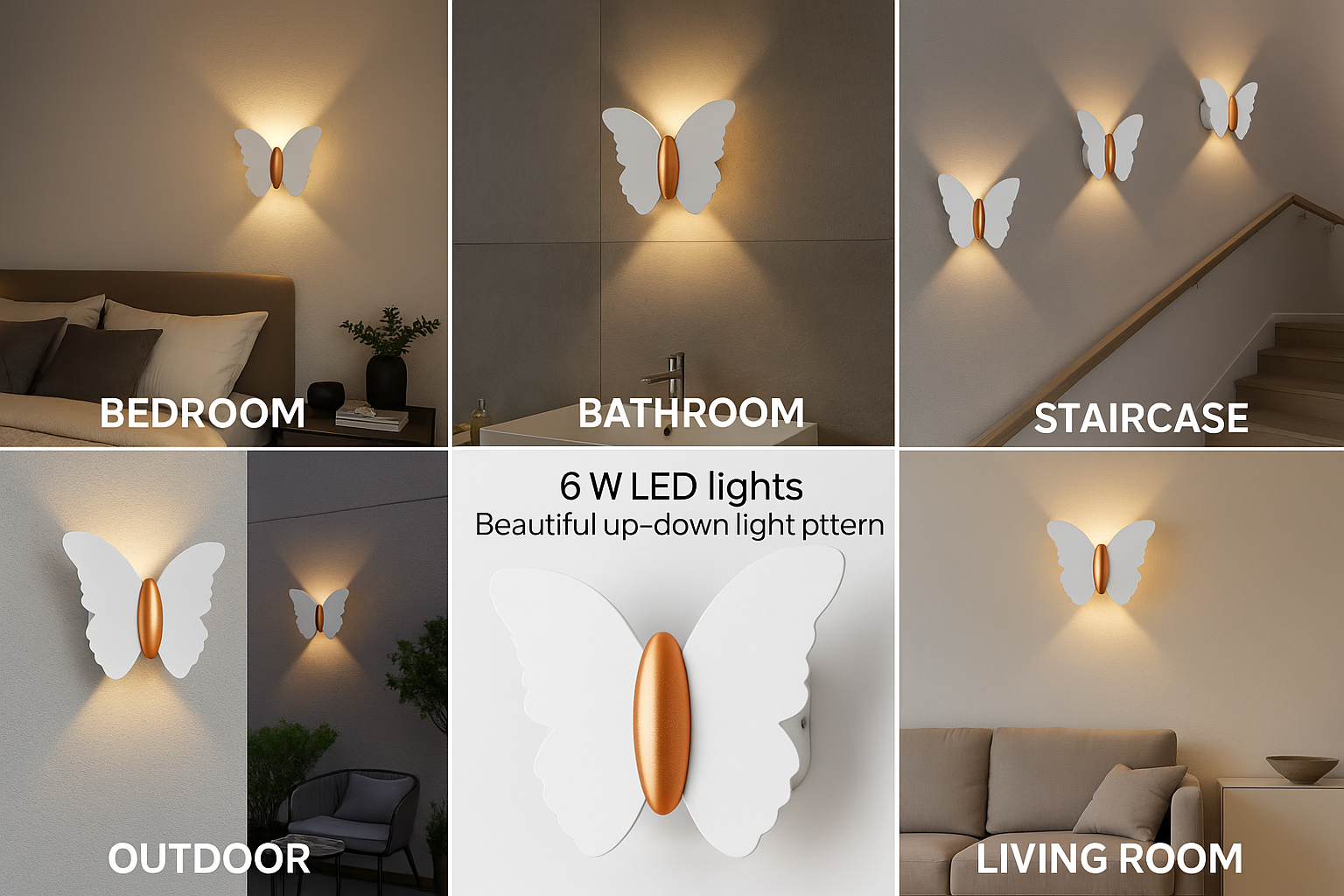Butterfly-shaped wall lights in various settings with labels for bedroom, bathroom, staircase, outdoor, and living room.