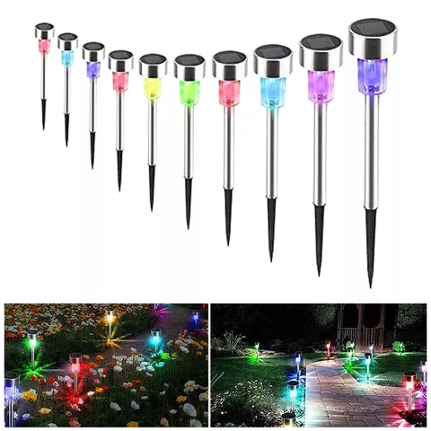 Waterproof solar stake lights lighting up an outdoor space during the evening

