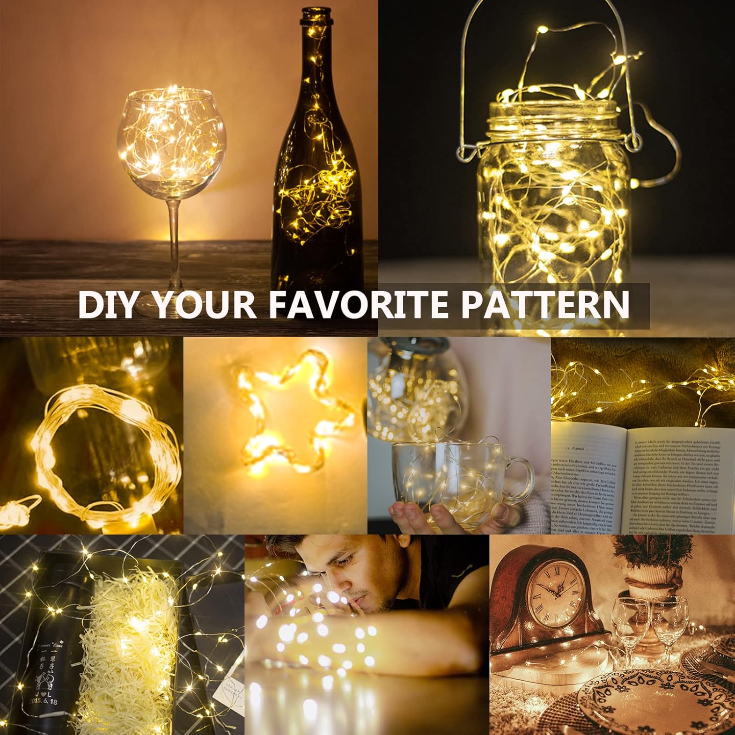 20 LED warm white battery operated fairy lights on copper wire glowing softly

