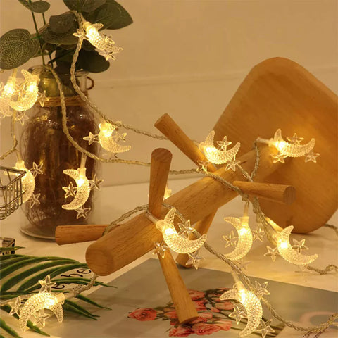 Battery-operated LED fairy lights decorating a room for Ramadan

