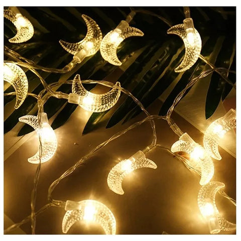 Battery-operated LED fairy lights decorating a room for Ramadan

