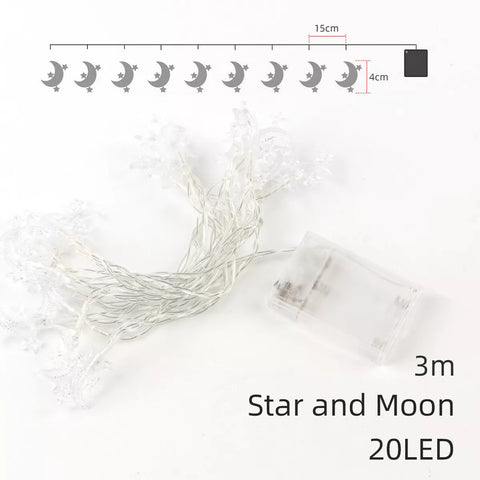 Battery-operated LED fairy lights decorating a room for Ramadan

