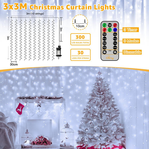 Warm white LED curtain lights hanging in a bedroom

