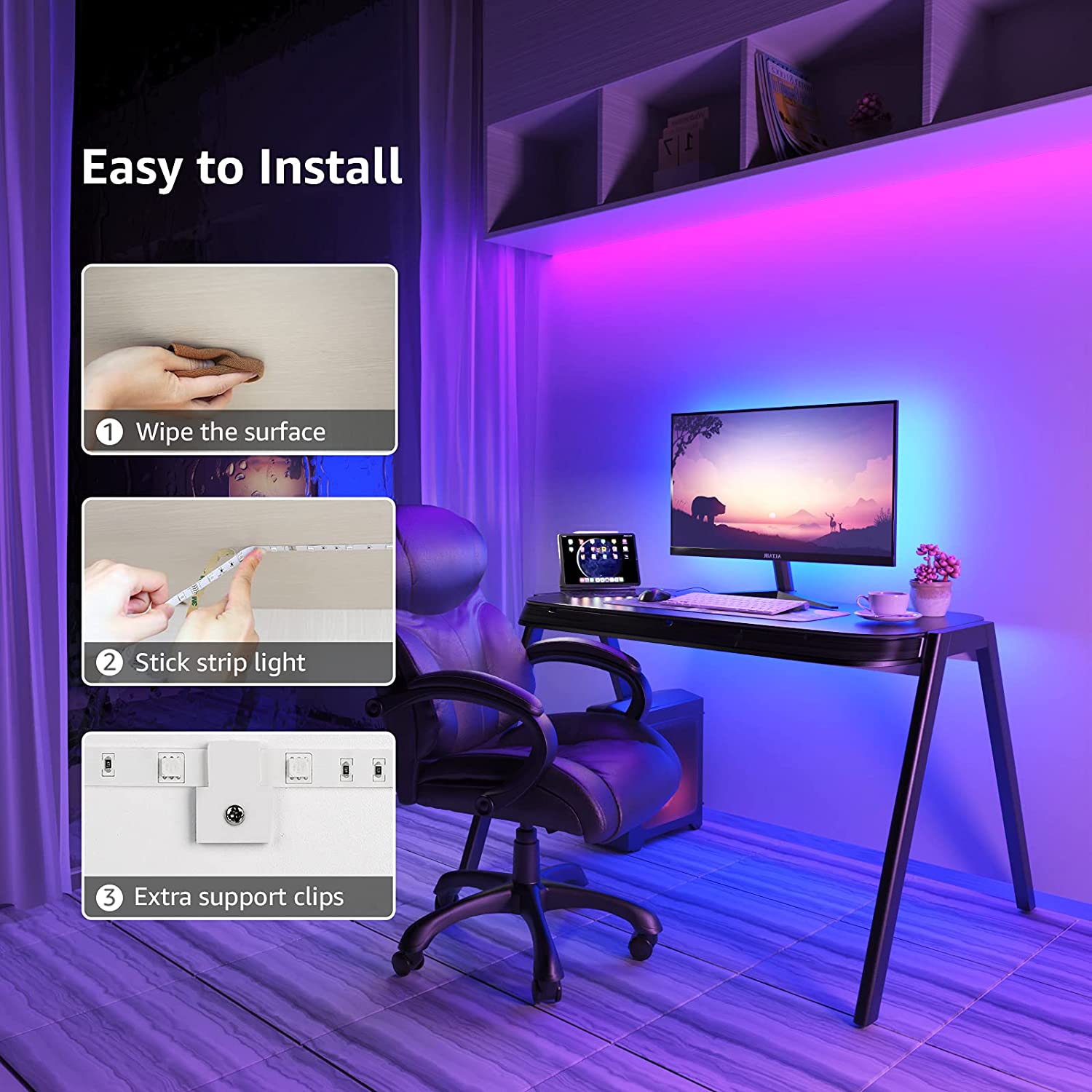 LED Strip Light illuminating a living room with vibrant RGB colours

