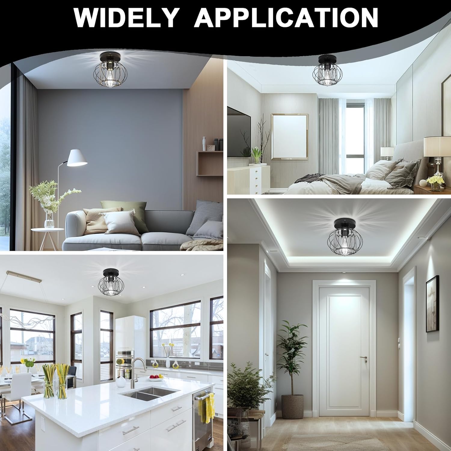 Black semi-flush crystal ceiling light illuminating a modern UK living room

