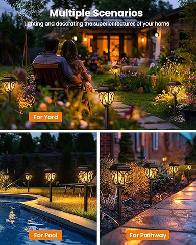 Flickering flame effect of the stake light in a garden setting


