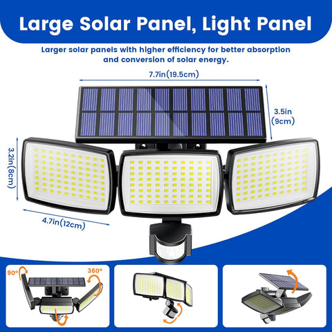 Motion sensor solar-powered wall light with wide-angle heads

