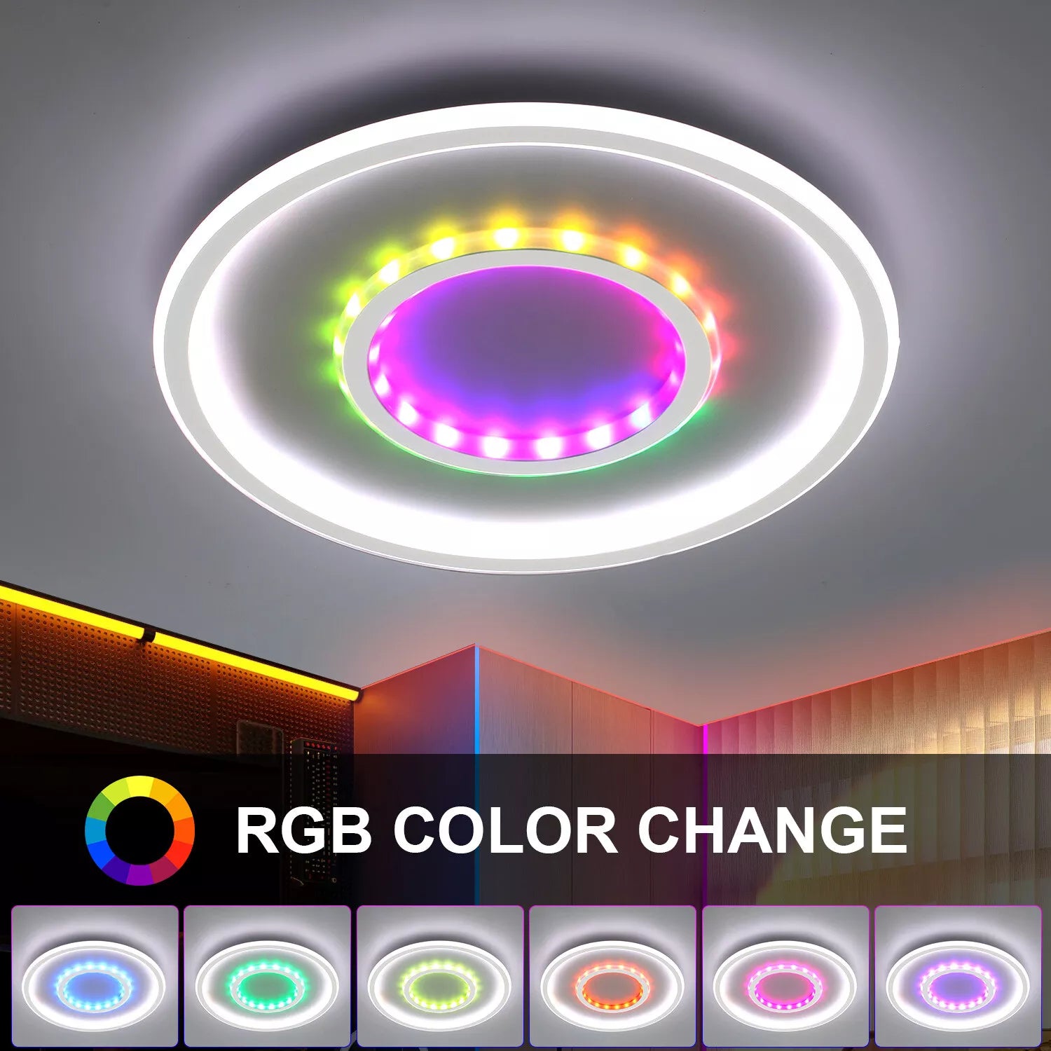 Buy Round LED Ceiling Light – Modern Chandelier with White Frame & RGB Mode