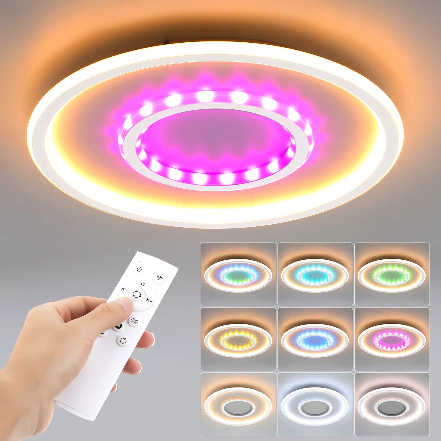 Buy Round LED Ceiling Light – Modern Chandelier with White Frame & RGB Mode