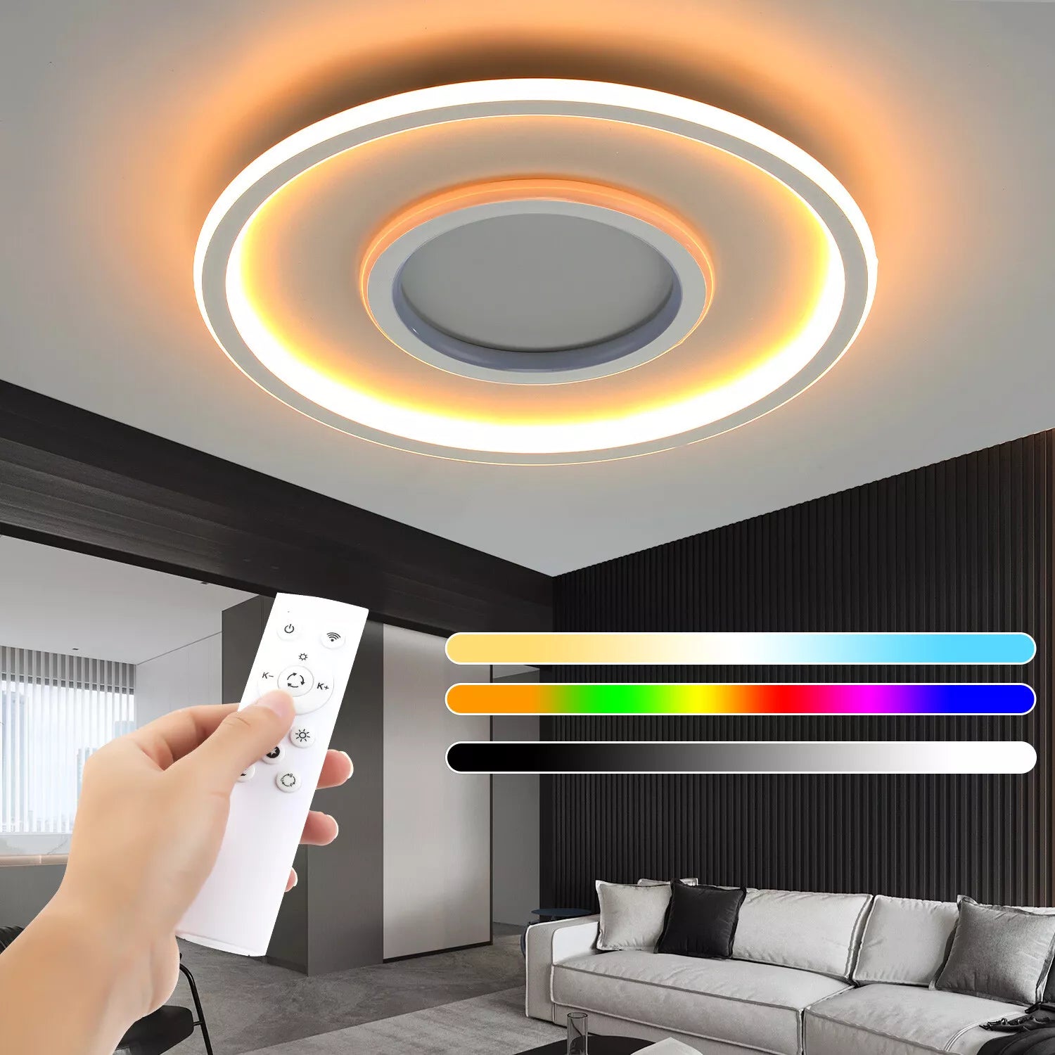 Buy Round LED Ceiling Light – Modern Chandelier with White Frame & RGB Mode