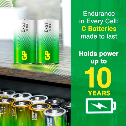 C batteries with a green label and text about endurance and power duration.