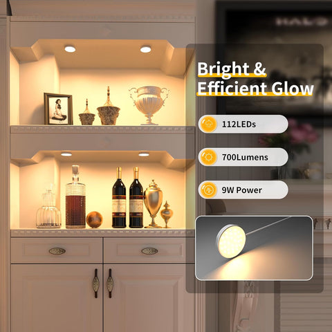 Cabinet with illuminated interior showcasing wine bottles and decor, with text highlighting LED light features.