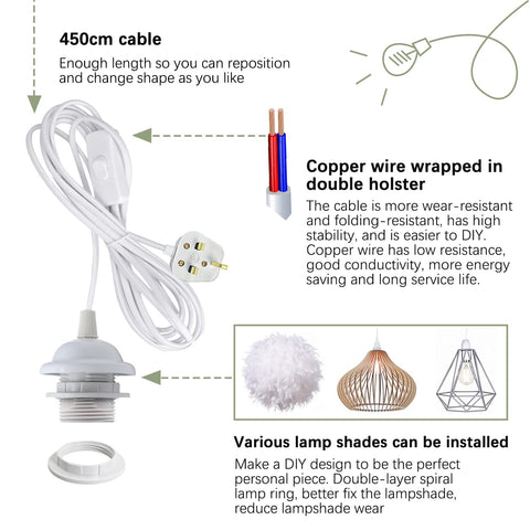 Cable with plug, copper wire, and lamp shades on a white background