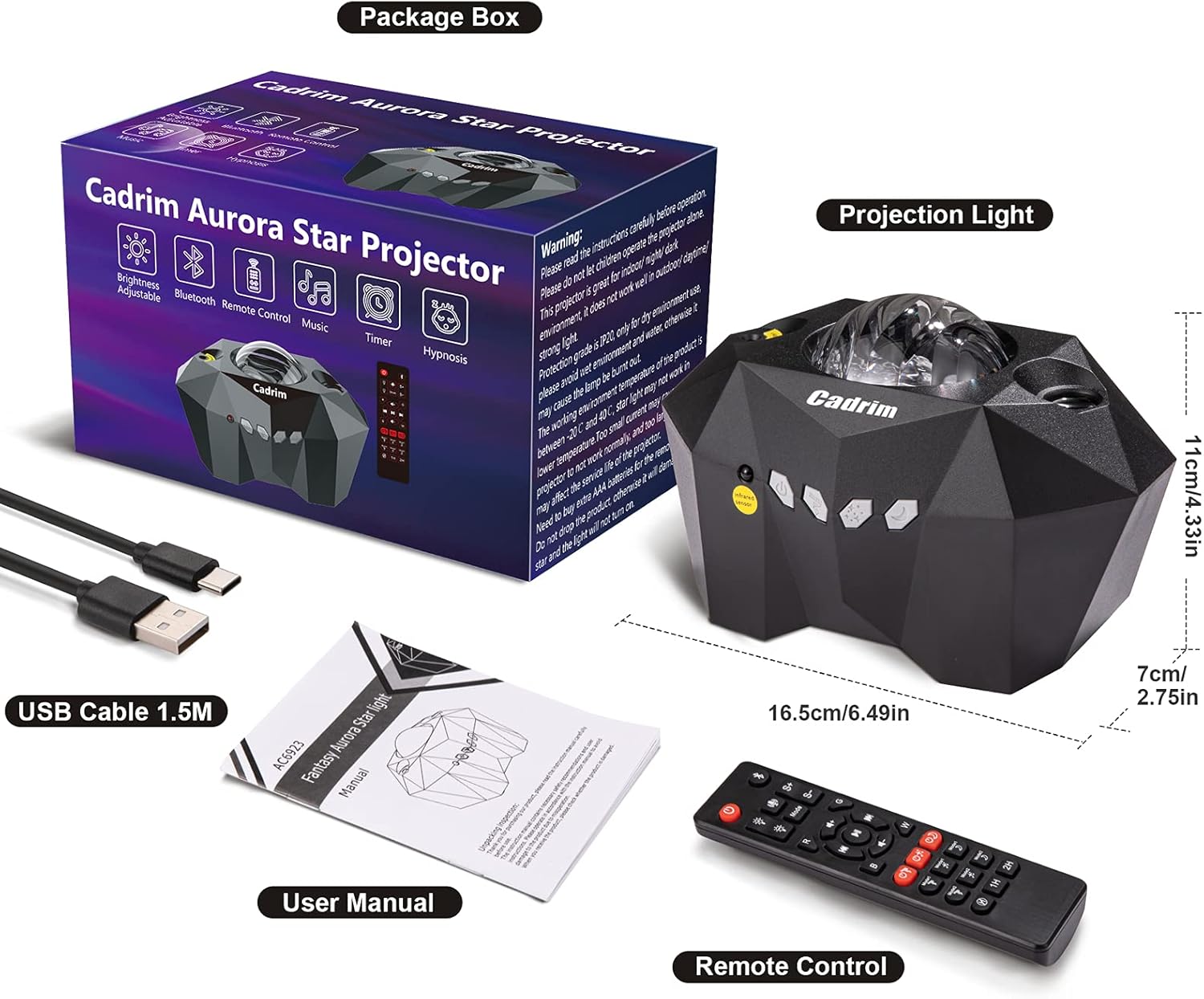 Cadrim Aurora Star Projector with packaging, remote control, USB cable, and user manual on a white background.