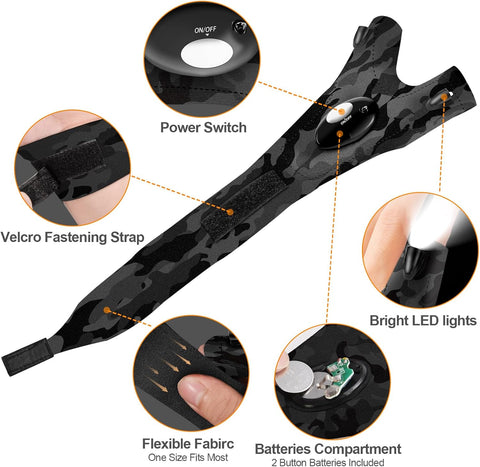 Camouflage LED belt light with labeled features on a white background