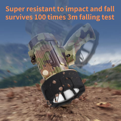 Camouflage climbing anchor with text about impact resistance and falling test on a mountain background