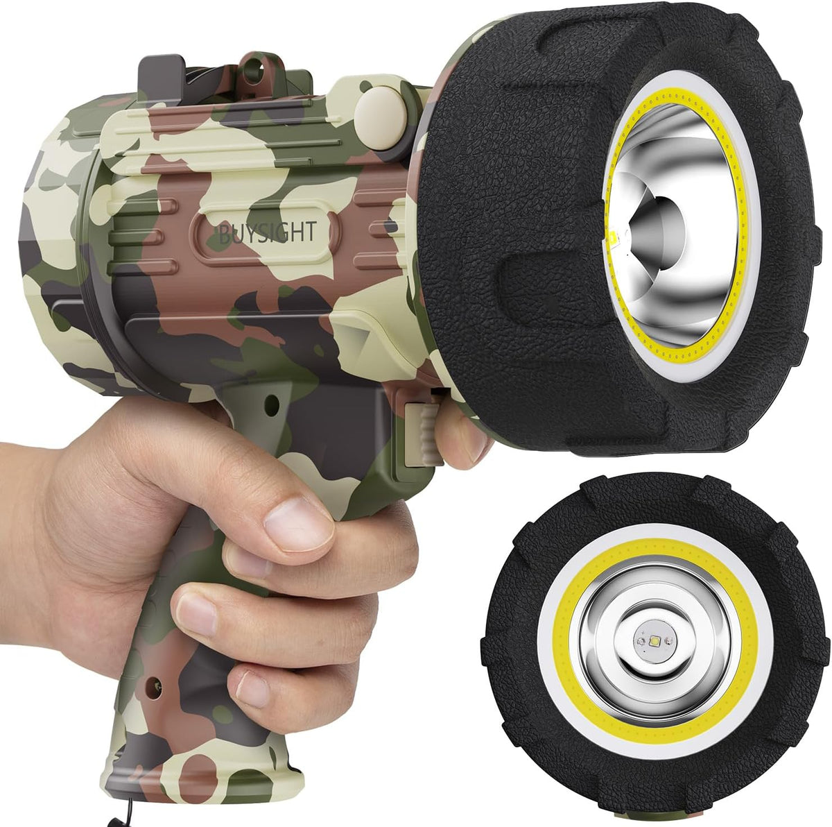 Camouflage flashlight held by a hand with additional flashlight shown separately on a white background