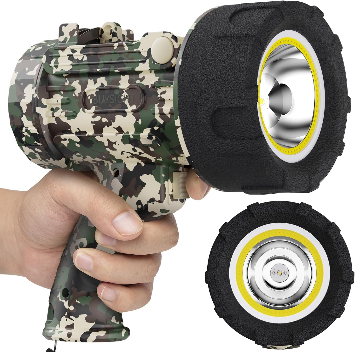 Camouflage flashlight held by a hand with close-up of flashlight on a white background