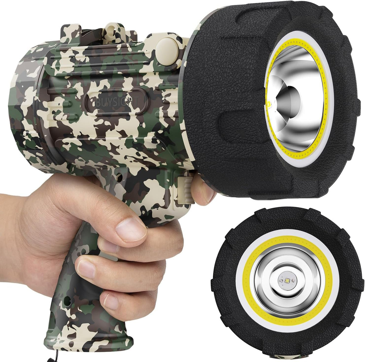 Camouflage flashlight held by a hand with close-up of flashlight on a white background
