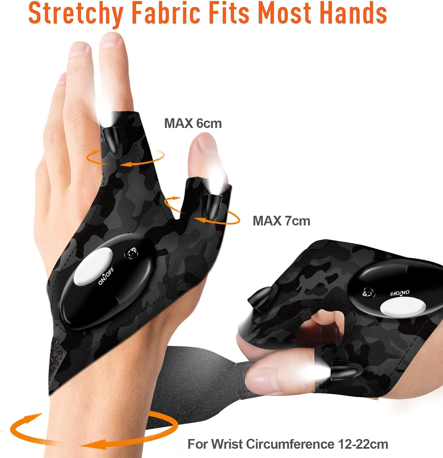 Camouflage glove with stretchy fabric fitting most hands, showing measurements and wrist circumference range.
