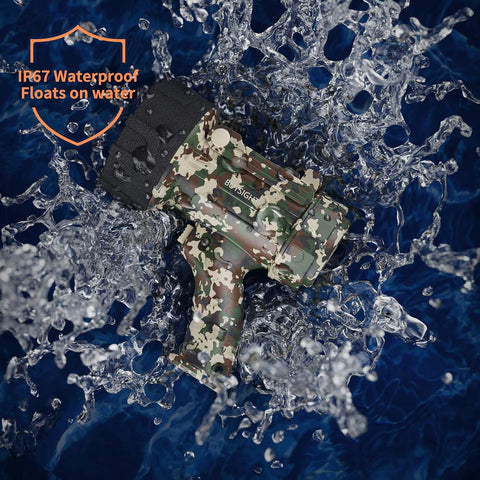 Camouflage phone case floating on water with 'IP67 Waterproof Floats on water' text.