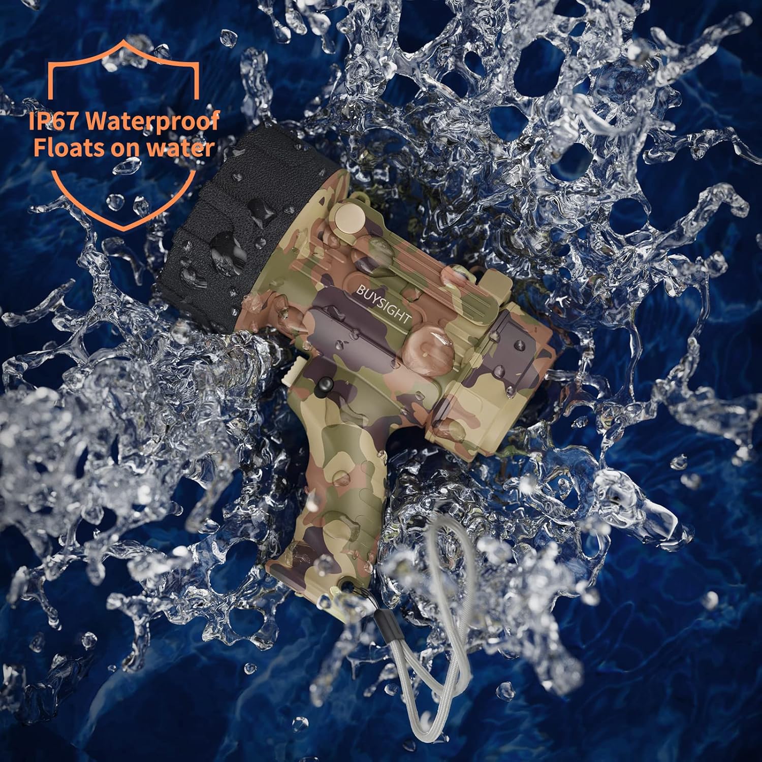 Camouflage pocket knife floating on water with splash effects and 'IP67 Waterproof Floats on water' text.