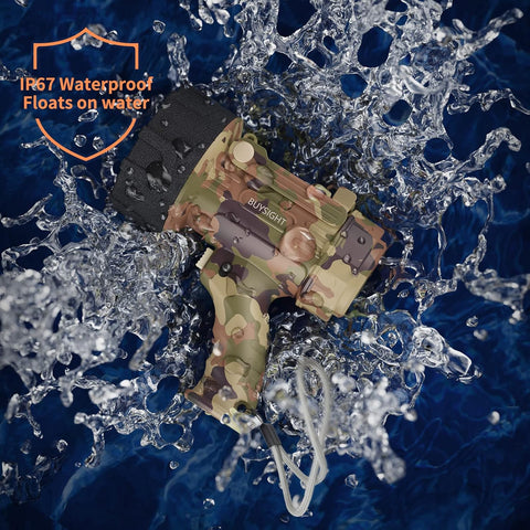 Camouflage pocket knife floating on water with splash effects and 'IP67 Waterproof Floats on water' text.
