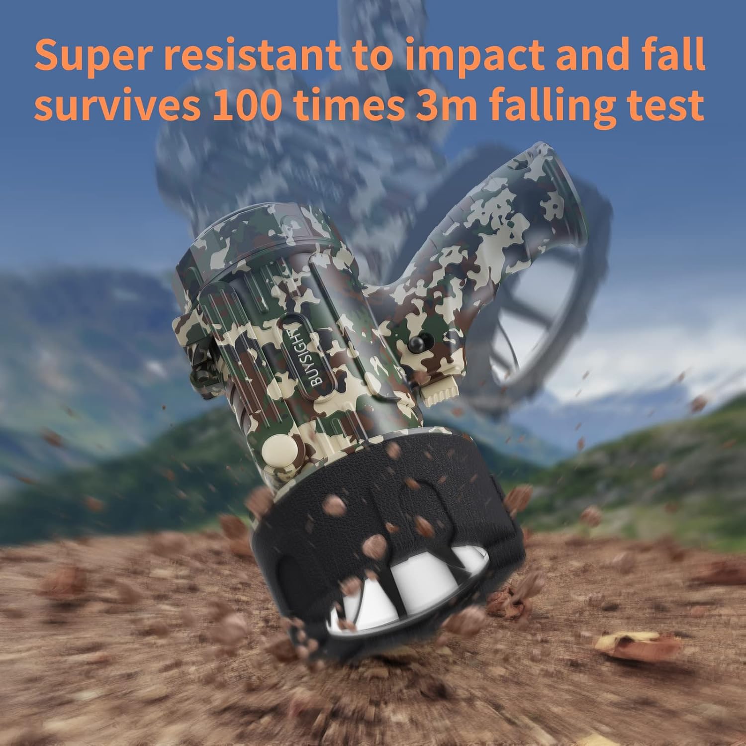 Camouflage tool or device surviving a 3m falling test with mountainous background