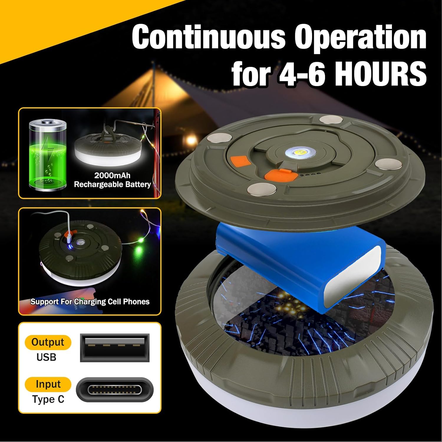 Portable camping lights glowing in multiple colours

