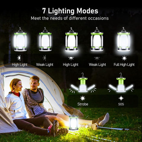 Camping lantern with 7 lighting modes displayed, showing a couple sitting inside a tent.