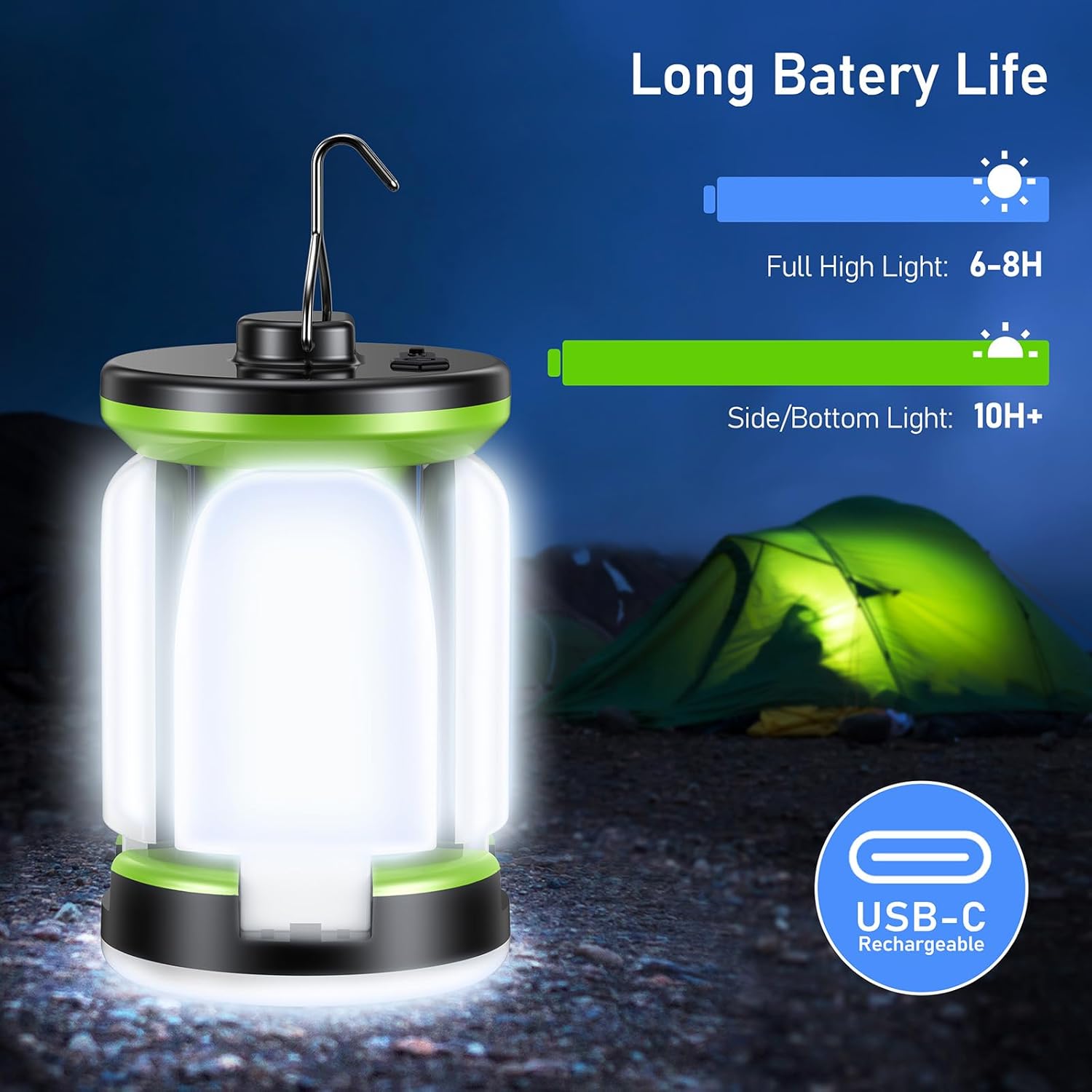 Camping lantern with USB-C rechargeability feature, showing battery life on a dark background.