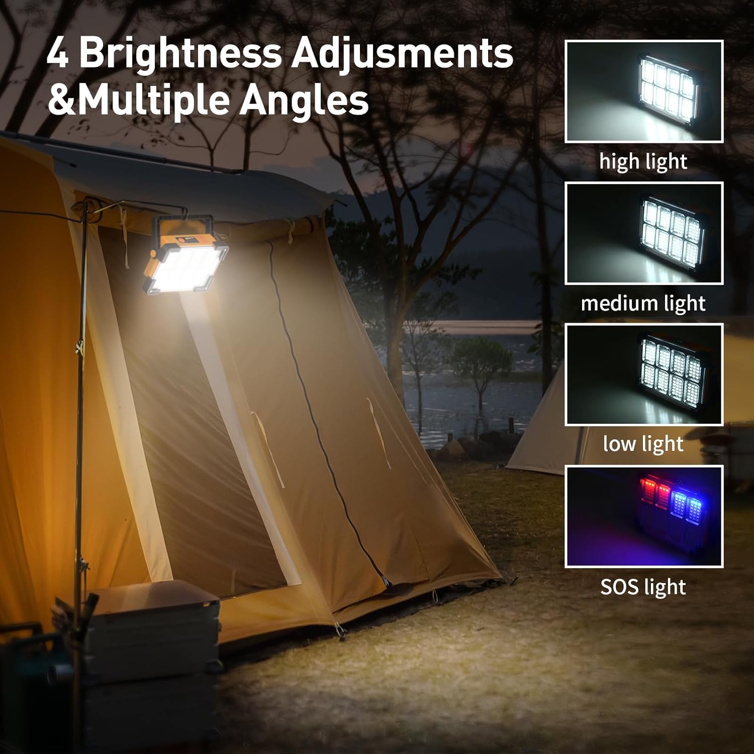 Camping light being used to illuminate a tent with various brightness settings shown.
